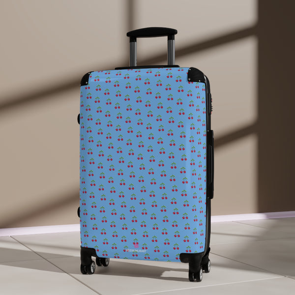 Blue Cherry Print Suitcase, Red Cherries Print Designer Suitcases, Travel Bag Suitcases