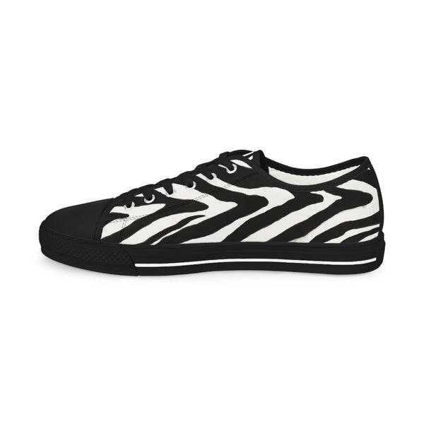 Black Zebra Print Men's Sneakers, Zebra Striped Animal Print Modern Minimalist Best Breathable Designer Men's Low Top Canvas Fashion Sneakers With Durable Rubber Outsoles and Shock-Absorbing Layer and Memory Foam Insoles (US Size: 5-14)