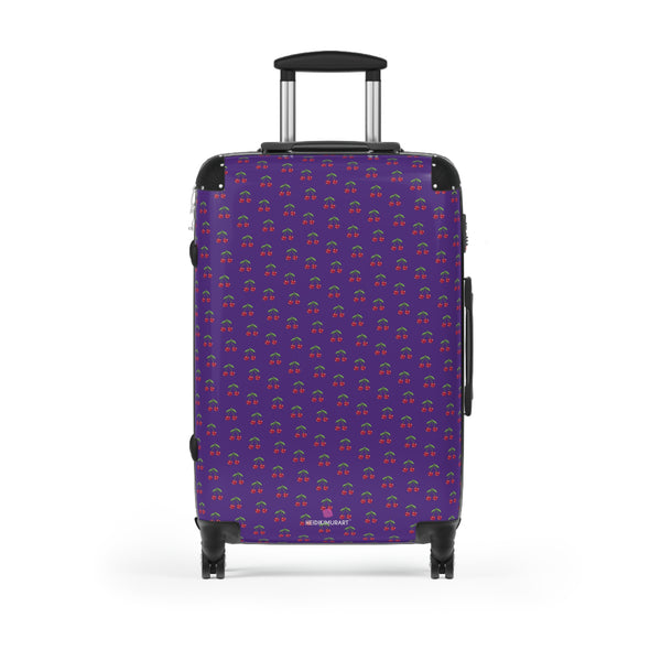 Purple Cherry Print Suitcase, Cute Red Cherries Print Designer Suitcases, Travel Bag Suitcases