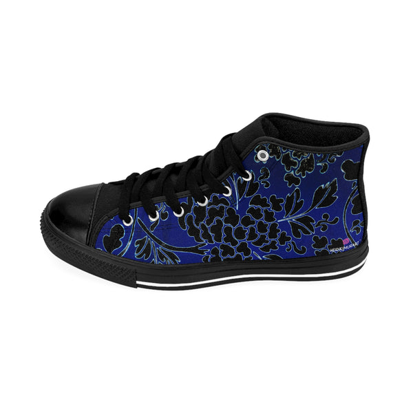 Blue Floral  Men's High Tops, Black and Blue Best Designer Men's Classic Sneakers