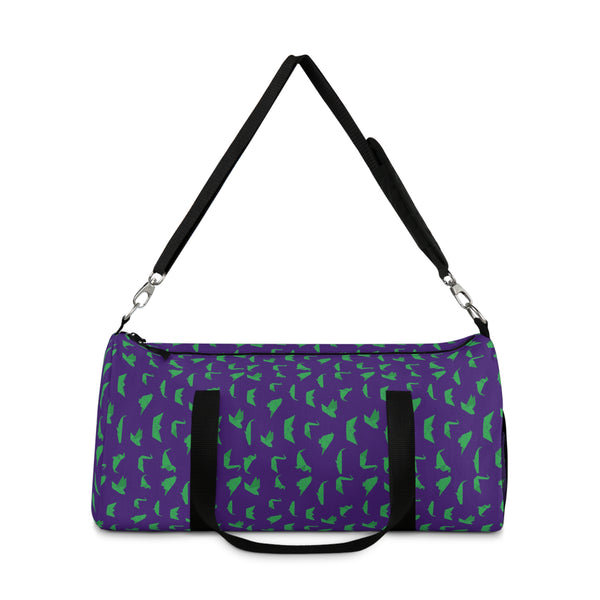 Purple Crane Print Duffel Bag, Green Japanese Crane Print Pattern Print Designer Premium All Day Small Or Large Size Duffel or Gym Bag, Made in USA, Womens Large Patterned Duffle Bag, Gym Bag For Ladies, Patterned Duffle Bag