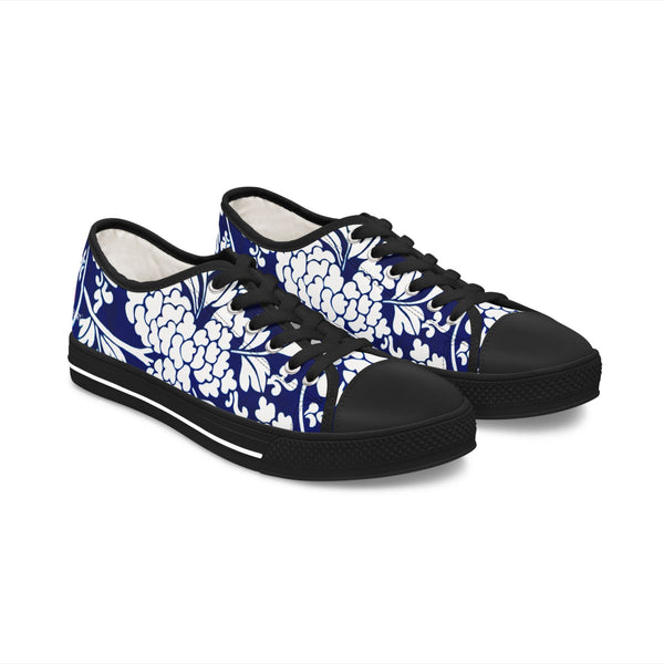 Blue Floral Women's Sneakers, Oriental Style Floral Print Women's Low Top Sneakers Tennis Shoes, Canvas Fashion Sneakers With Durable Rubber Outsoles and Shock-Absorbing Layer and Memory Foam Insoles&nbsp;(US Size: 5.5-12)