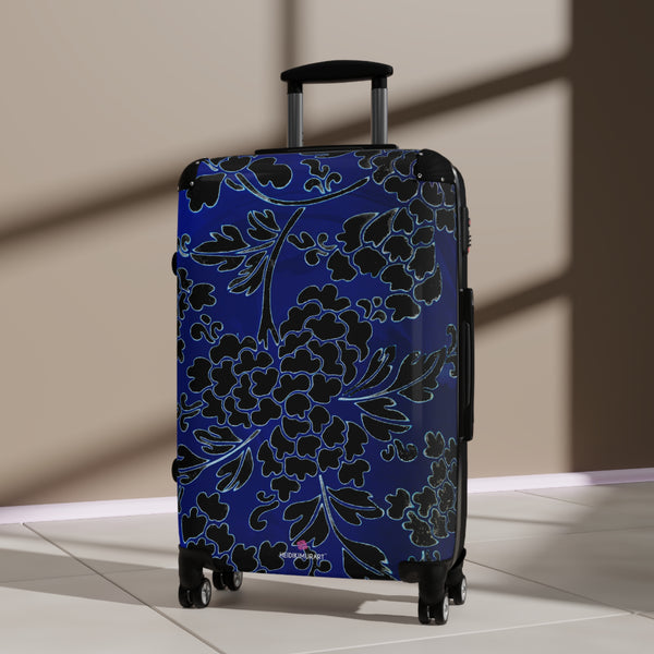 Black Blue Floral Print Suitcase, Abstract Oriental Style Floral Print Designer Suitcases, Travel Bag Suitcases (Small, Medium, Large)