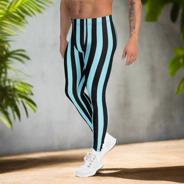 Blue Black Vertically Striped Meggings, Men's Leggings