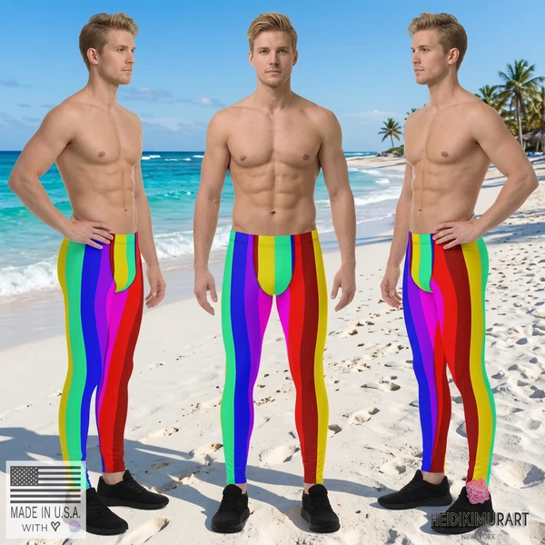 Colorful Rainbow Striped Meggings, Men's Running Leggings Activewear-Made in USA/EU