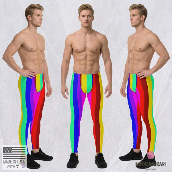 Colorful Rainbow Striped Meggings, Men's Running Leggings Activewear-Made in USA/EU
