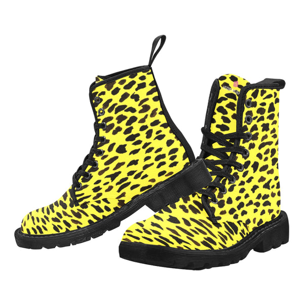 Yellow Cheetah Print Men Hiker Boots, Yellow and Brown Animal Print Combat Work Hunting Boots, Anti Heat + Moisture Designer Men's Winter Boots Laced Up Best Hiking Shoes (US Size: 7-10.5)&nbsp;Yellow Cheetah Men's Boots | Best Hiking Winter Boots Laced Up Shoes For Men | Cheetah Canvas Boots | Cheetah Print Boots | Mens Work Boots