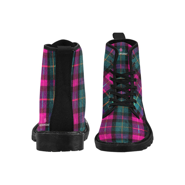 Pink Plaid Women's Canvas Boots, Pink &amp; Green Scottish Style Plaid Classic Print Elegant Feminine Casual Fashion Gifts,&nbsp;Pink Plaid Print&nbsp;Shoes For Plaid Lovers, Water Resistant Anti-Moisture Combat Boots, Designer Women's Winter Lace-up Toe Cap Hiking Boots Shoes For Women (US Size 6.5-11)&nbsp;