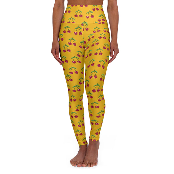 Yellow Cherries Print Women's Tights, High Waisted Yoga Leggings