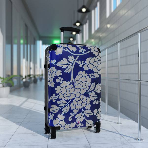 Grey Blue Floral Print Suitcase, Abstract Oriental Style Floral Print Designer Suitcases, Travel Bag Suitcases (Small, Medium, Large)