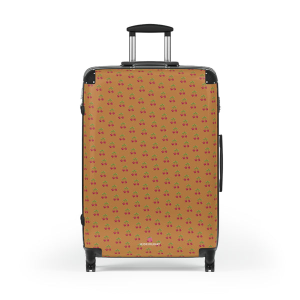 Brown Cherry Print Suitcase, Cute Beige Red Cherries Print Designer Suitcases, Travel Bag Suitcases