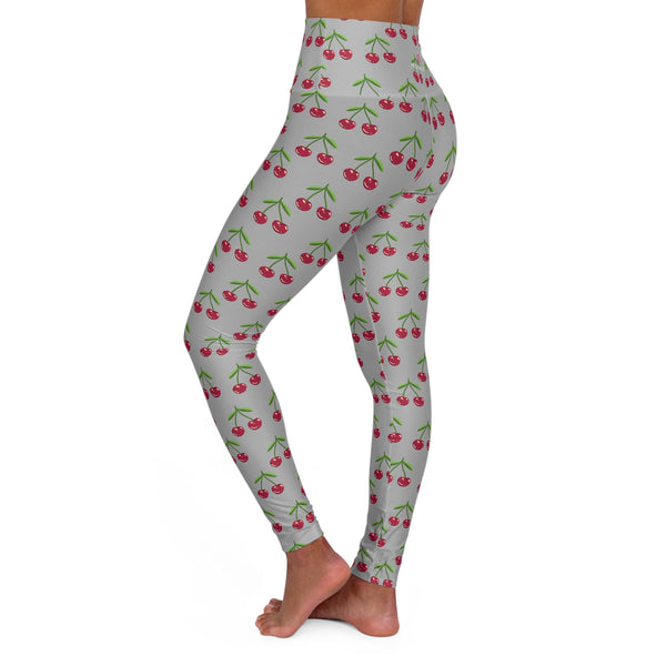 Grey Cherries Print Women's Tights, High Waisted Yoga Leggings