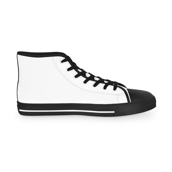 White Color Men's High Tops, Modern Minimalist Solid White Color Best Men's High Top Laced Up Black or White Style Breathable Fashion Canvas Sneakers Tennis Athletic Style Shoes For Men (US Size: 5-14)
