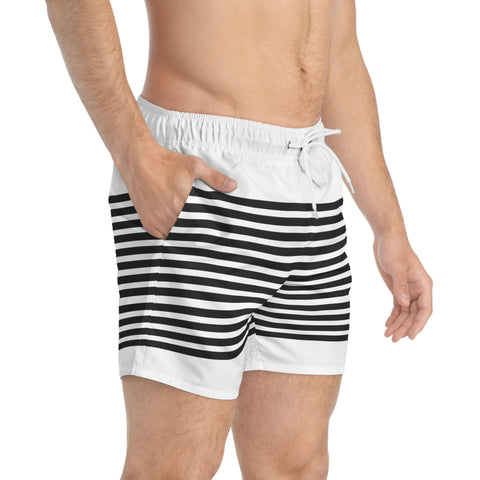 Black White Striped Men's Swimwear, Best Horizontally Striped&nbsp;Print Swim Trunks For Men (US Size: XS-3XL)&nbsp;Striped Print Mid-Length Shorts Beach Pockets Mesh Lining Drawstring Luxury Cool Guys Casual Bathing Suit Plus Size Available Swimwear For Men