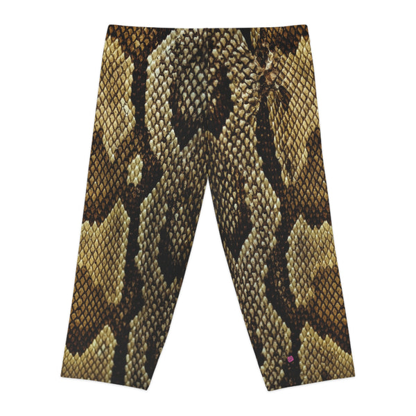 Snake Print Women's Capri Leggings, Reptile Snake Print American-Made Best Designer Premium Quality Knee-Length Mid-Waist Fit Knee-Length Polyester Capris Tights-Made in USA (US Size: XS-2XL) Plus Size Available