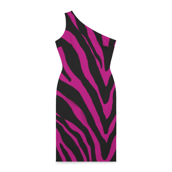 Pink Zebra Shoulder Dress, Zebra Pattern Women's Shoulder Dress, Pink and Black Best Knee-Length Fitted Stretchy Designer Animal Print Off-The-Shoulder Sleeveless Dress &nbsp;- Made in USA (US Size: XS-XL)