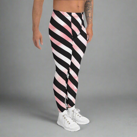 Pink Tie Dye Striped Meggings, Pastel Diagonal Stripes Men's Leggings Compression Pants - Made in USA/EU/MX