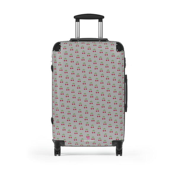 Light Grey Cherry Print Suitcase, Cute Red Cherries Print Designer Suitcases, Travel Bag Suitcases