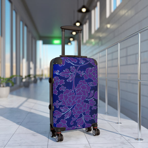 Blue Purple Floral Print Suitcase, Abstract Oriental Style Floral Print Designer Suitcases, Travel Bag Suitcases (Small, Medium, Large)