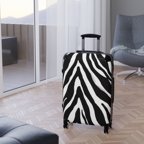 Black Zebra Print Cabin Suitcase, Zebra Striped Animal Print Designer Suitcase Luggage (Small, Medium, Large)