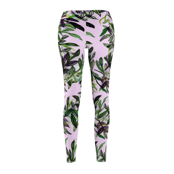 Floral Pink Women's Casual Leggings, Made in USA, Size: XS-2XL, Tropical Leaves Print Leggings, Tropical Tight Pants