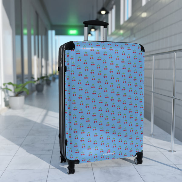 Blue Cherry Print Suitcase, Red Cherries Print Designer Suitcases, Travel Bag Suitcases