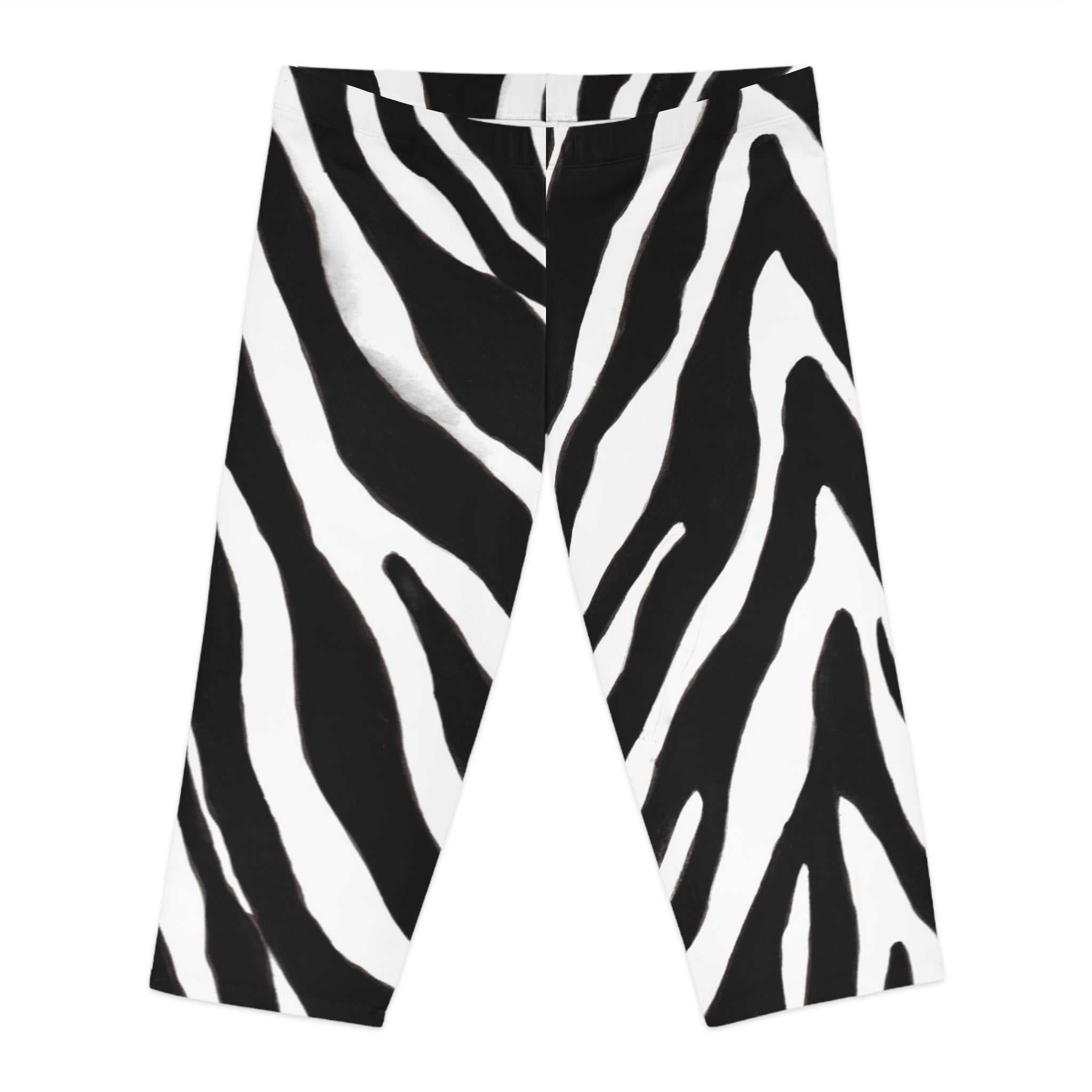 Zebra Print Women's Capri Leggings, Zebra Striped Animal Print American-Made Best Designer Premium Quality Knee-Length Mid-Waist Fit Knee-Length Polyester Capris Tights-Made in USA (US Size: XS-2XL) Plus Size Available