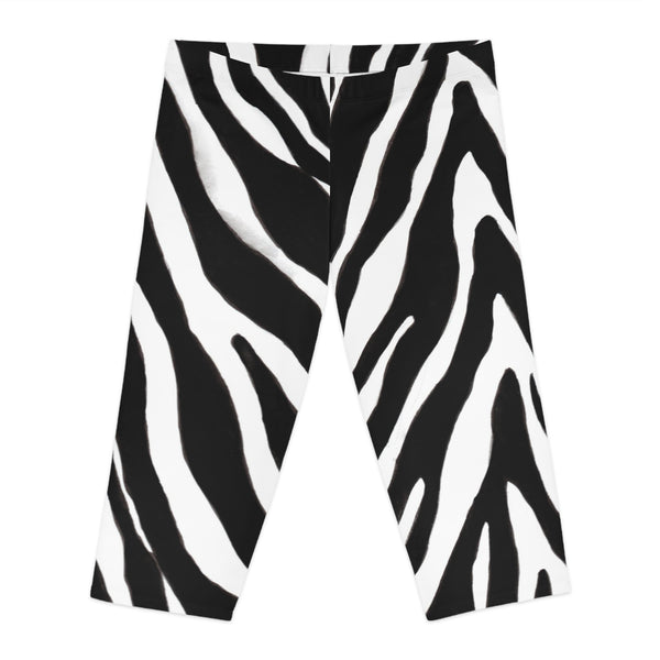 Zebra Print Women's Capri Leggings, Zebra Striped Animal Print American-Made Best Designer Premium Quality Knee-Length Mid-Waist Fit Knee-Length Polyester Capris Tights-Made in USA (US Size: XS-2XL) Plus Size Available