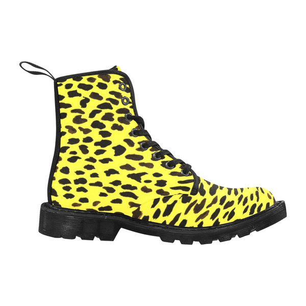 Yellow Cheetah Print Men Hiker Boots, Yellow and Brown Animal Print Combat Work Hunting Boots, Anti Heat + Moisture Designer Men's Winter Boots Laced Up Best Hiking Shoes (US Size: 7-10.5)&nbsp;Yellow Cheetah Men's Boots | Best Hiking Winter Boots Laced Up Shoes For Men | Cheetah Canvas Boots | Cheetah Print Boots | Mens Work Boots