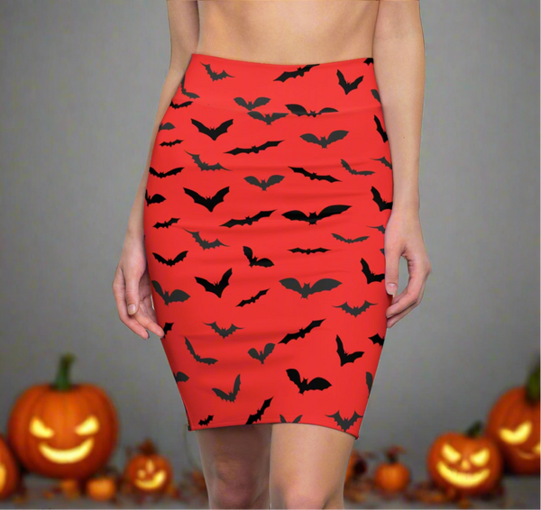 Red Halloween Bats Pencil Skirt, Best Red Black Halloween Bats Pencil Skirt, Red Black Halloween Bats Print Women's Pencil Skirt- Made in USA (US Size: XS-2XL)