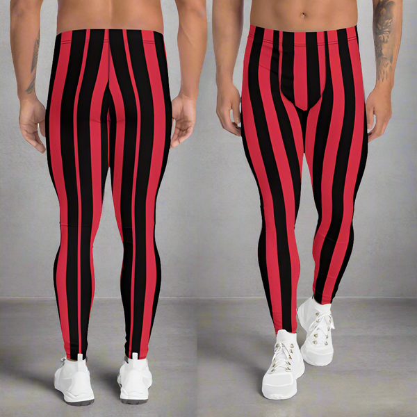 Red Black Striped Men's Leggings, Red and Black Colorful Best Circus Stripes Print Sexy Meggings Men's Workout Gym Fashion Tights Leggings, Men's Compression Tights Pants - Made in USA/ EU/ MX (US Size: XS-3XL)