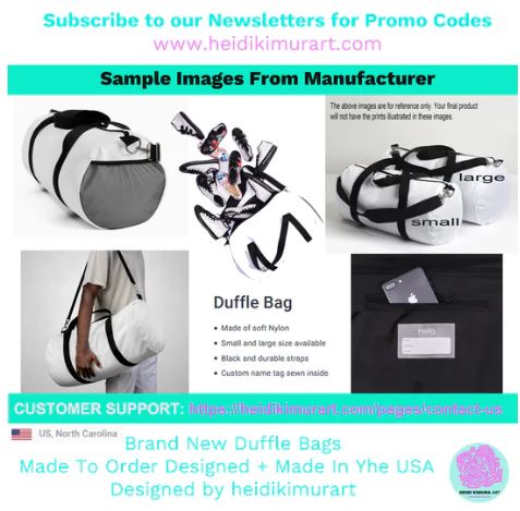 Purple Crane Print Duffel Bag, Green Japanese Crane Print Pattern Duffle or Gym Bag Small or Large - Made in USA
