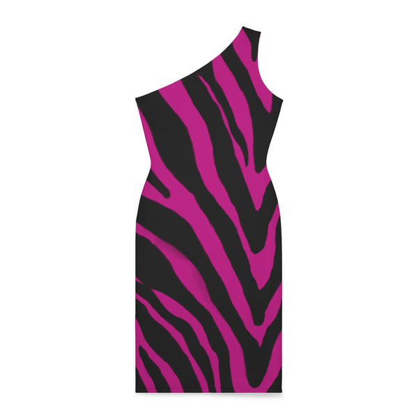 Pink Zebra Shoulder Dress, Zebra Pattern Women's Shoulder Dress, Pink and Black Best Knee-Length Fitted Stretchy Designer Animal Print Off-The-Shoulder Sleeveless Dress &nbsp;- Made in USA (US Size: XS-XL)