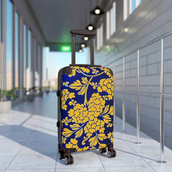 Yellow Blue Floral Print Suitcase, Abstract Oriental Style Floral Print Designer Suitcases, Travel Bag Suitcases (Small, Medium, Large)