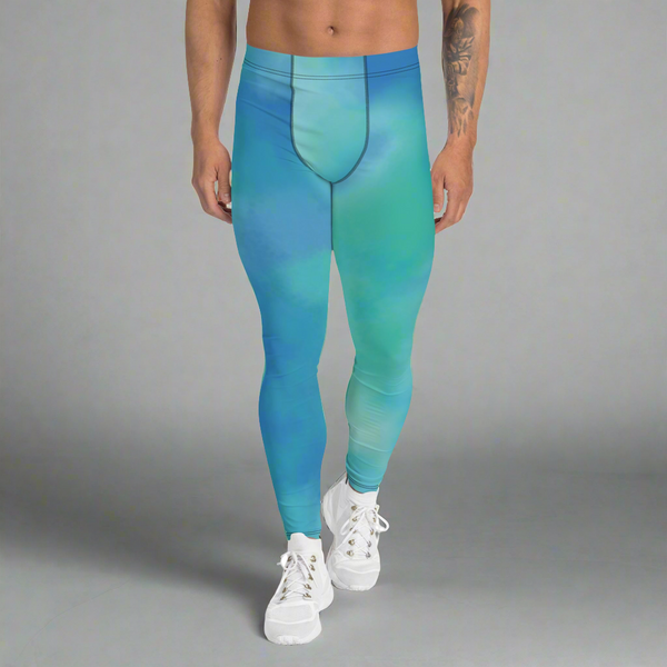 Abstract Blue Men's Leggings, Blue Abstract Designer Running Compression Tights For Men - Made in USA/EU/MX
