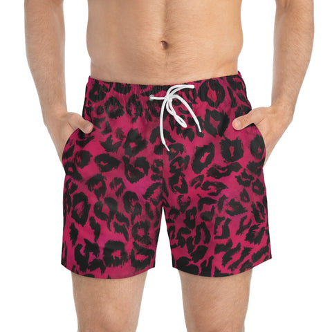 Pink Leopard Men's Swim Trunks, Hot Pink Best Designer Leopard Animal Print Swim Trunks For Men (US Size: XS-3XL)&nbsp;Animal Print Mid-Length Shorts Beach Pockets Mesh Lining Drawstring Luxury Cool Guys Casual Bathing Suit Plus Size Available Swimwear For Men