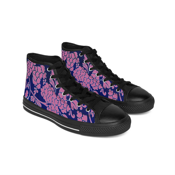 Pink Floral  Men's High Tops, Pink and Blue Best Designer Men's Classic Sneakers