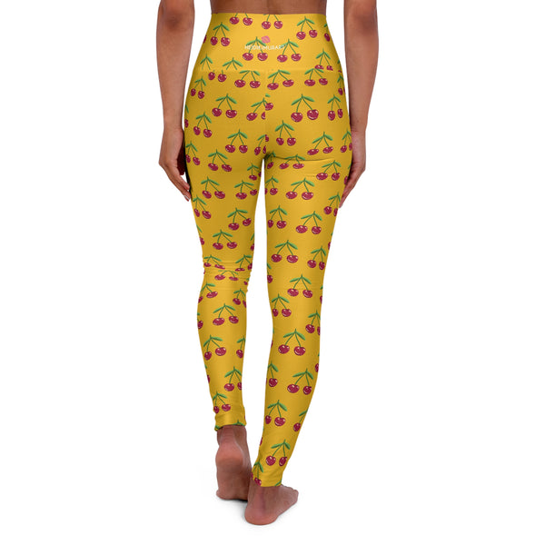 Yellow Cherries Print Women's Tights, High Waisted Yoga Leggings