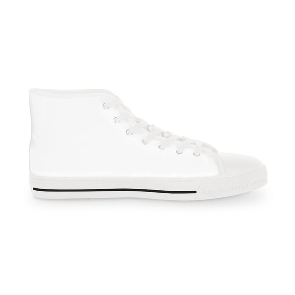White Color Men's High Tops, Modern Minimalist Solid White Color Best Men's High Top Laced Up Black or White Style Breathable Fashion Canvas Sneakers Tennis Athletic Style Shoes For Men (US Size: 5-14)