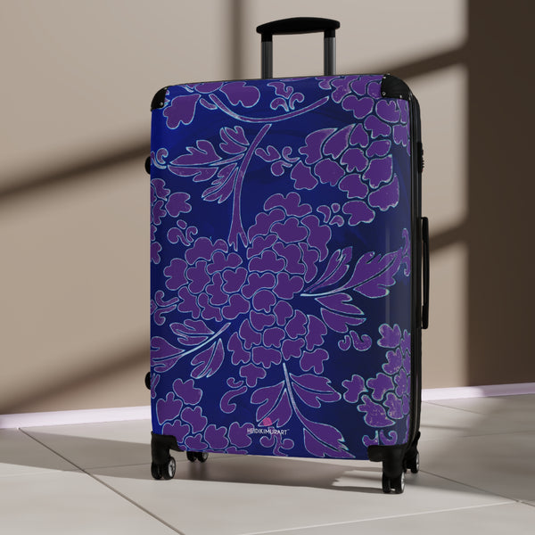 Blue Purple Floral Print Suitcase, Abstract Oriental Style Floral Print Designer Suitcases, Travel Bag Suitcases (Small, Medium, Large)