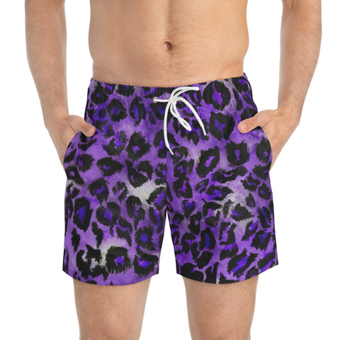 Purple Leopard Men's Swim Trunks, Purple Best Designer Leopard Animal Print Swim Trunks For Men (US Size: XS-3XL) Animal Print Mid-Length Shorts Beach Pockets Mesh Lining Drawstring Luxury Cool Guys Casual Bathing Suit Plus Size Available Swimwear For Men