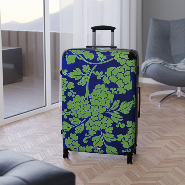 Green Blue Floral Print Suitcase, Abstract Oriental Style Floral Print Designer Suitcases, Travel Bag Suitcases (Small, Medium, Large)