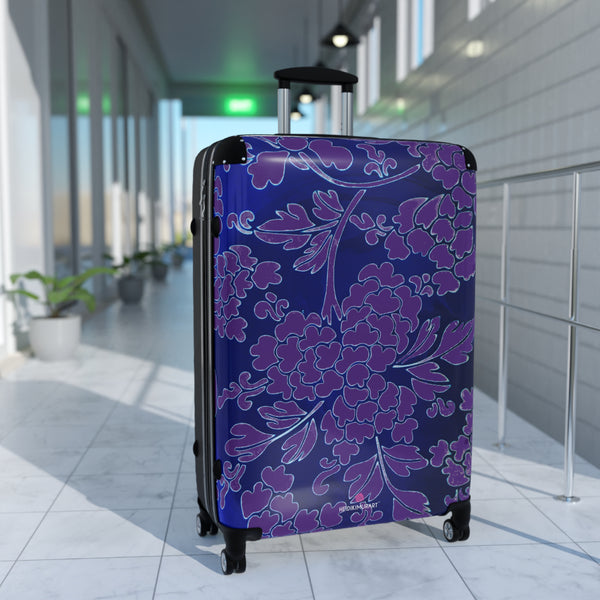 Blue Purple Floral Print Suitcase, Abstract Oriental Style Floral Print Designer Suitcases, Travel Bag Suitcases (Small, Medium, Large)