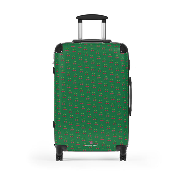 Green Cherry Print Suitcase, Cute Red Cherries Print Designer Suitcases, Travel Bag Suitcases
