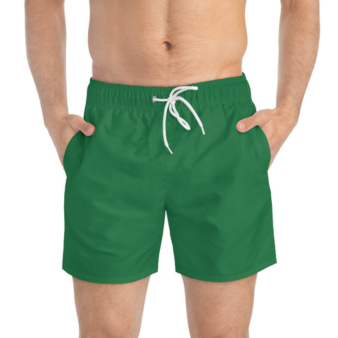 Dark Green Men's Swimwear, Best Solid Color Print Swim Trunks For Men (US Size: XS-3XL) Solid Color Print Mid-Length Shorts Beach Pockets Mesh Lining Drawstring Luxury Cool Guys Casual Bathing Suit Plus Size Available Swimwear For Men