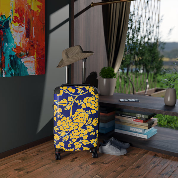 Yellow Blue Floral Print Suitcase, Abstract Oriental Style Floral Print Designer Suitcases, Travel Bag Suitcases (Small, Medium, Large)