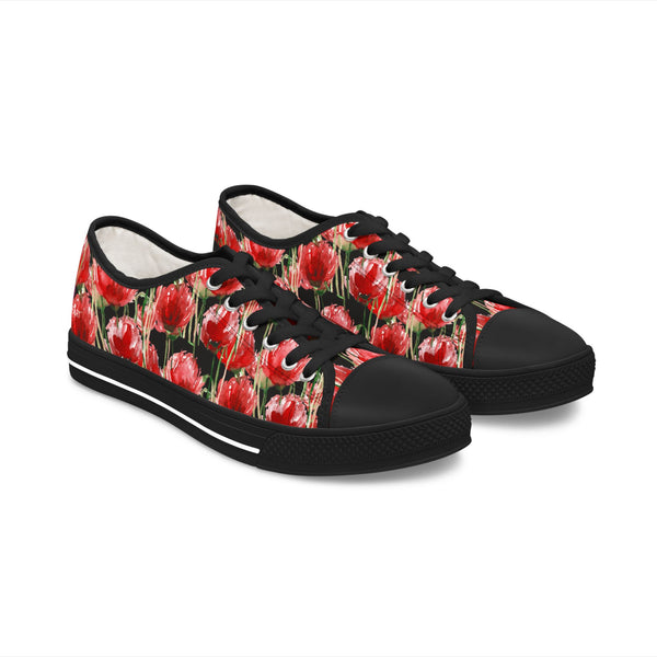 Black Red Tulips Women's Sneakers, Floral Print Women's Low Top Sneakers Tennis Shoes, Canvas Fashion Sneakers With Durable Rubber Outsoles and Shock-Absorbing Layer and Memory Foam Insoles&nbsp;(US Size: 5.5-12)