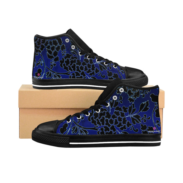 Blue Floral  Men's High Tops, Black and Blue Best Designer Men's Classic Sneakers