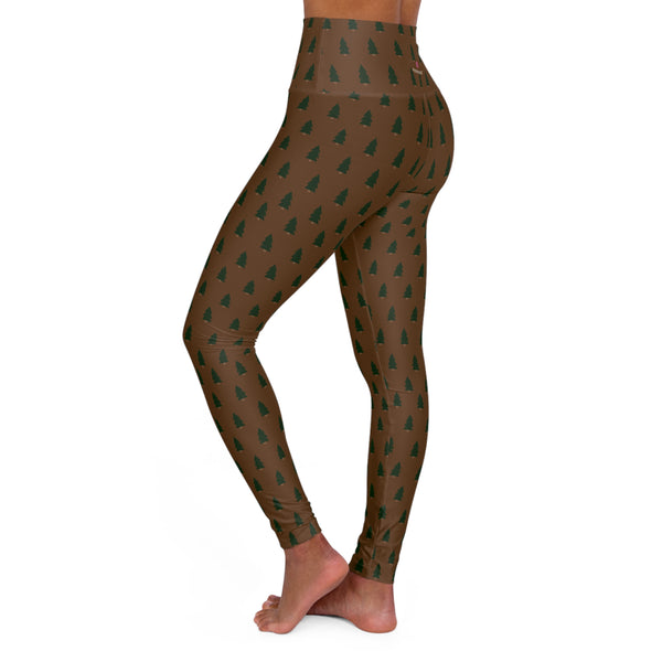 Brown Christmas Tree Yoga Tights, High Waisted Women's Yoga Leggings