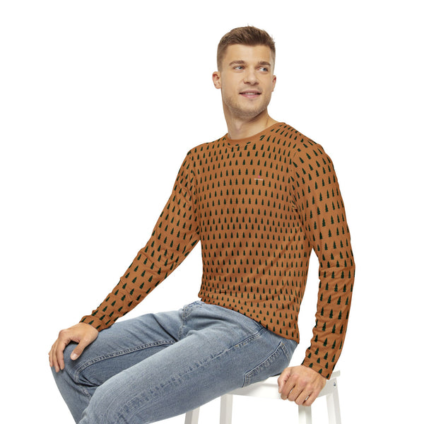 Brown Christmas Tree Men's Long Sleeves, Men's Long Sleeve Shirt (AOP) - Made in USA